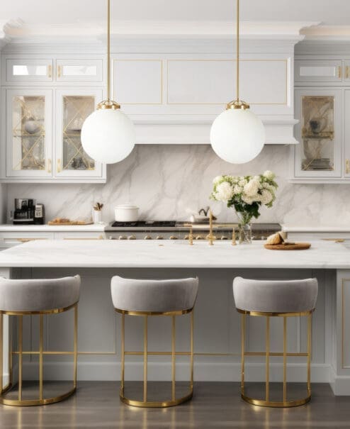 Interior of modern luxurious kitchen classic style. White cabinets with gilded handles, kitchen island with white marble countertop, built-in home appliances, vintage pendant lights. Home design