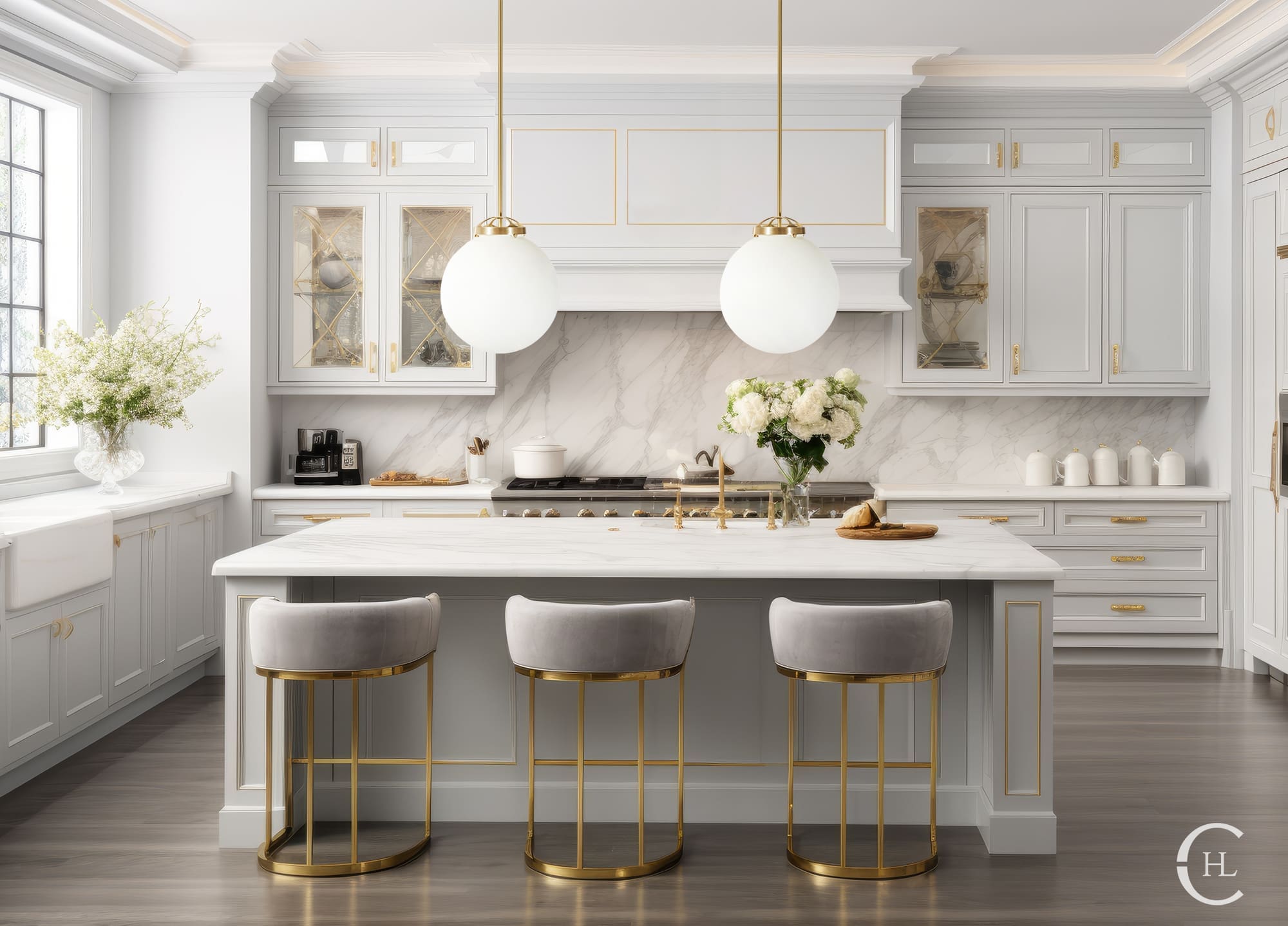 Interior of modern luxurious kitchen classic style. White cabinets with gilded handles, kitchen island with white marble countertop, built-in home appliances, vintage pendant lights. Home design