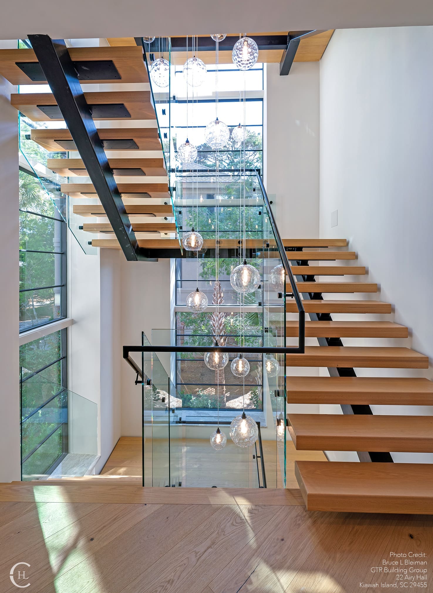 Globe Chandelier through stairwell