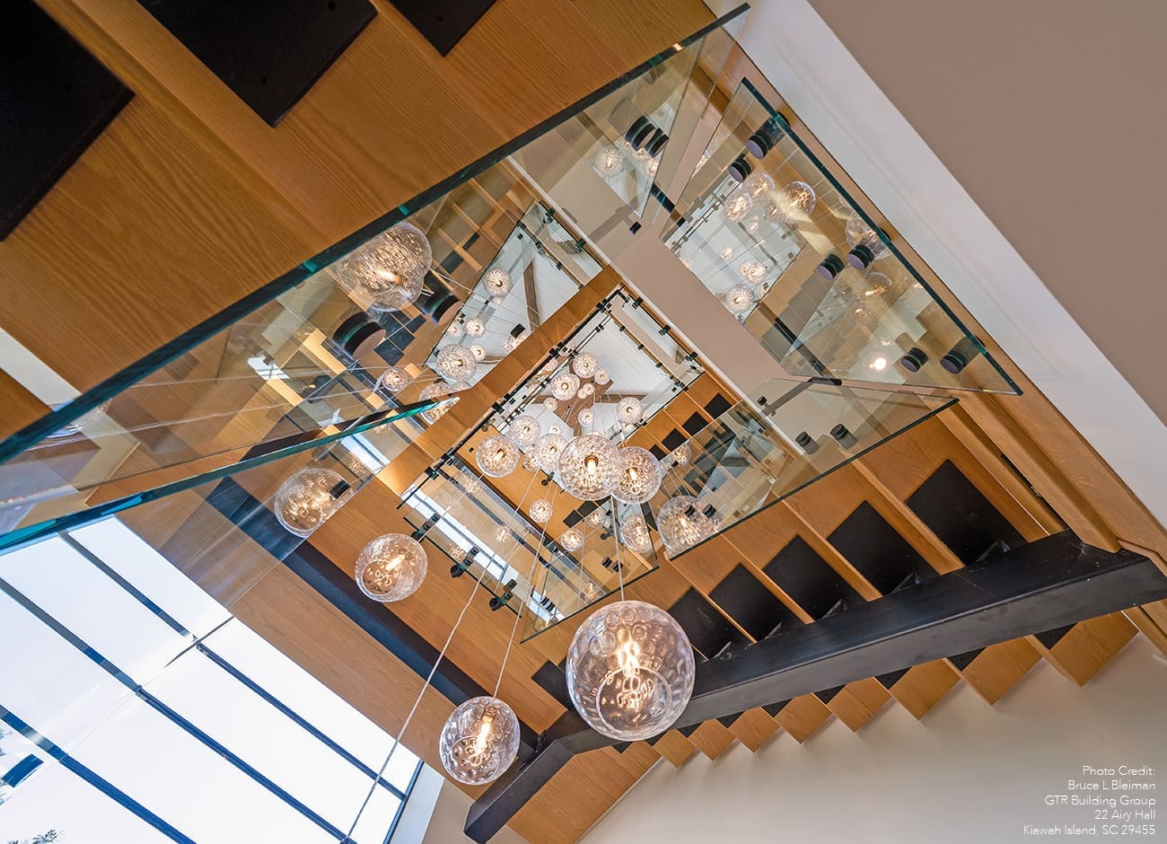 Globe Chandelier through stairwell